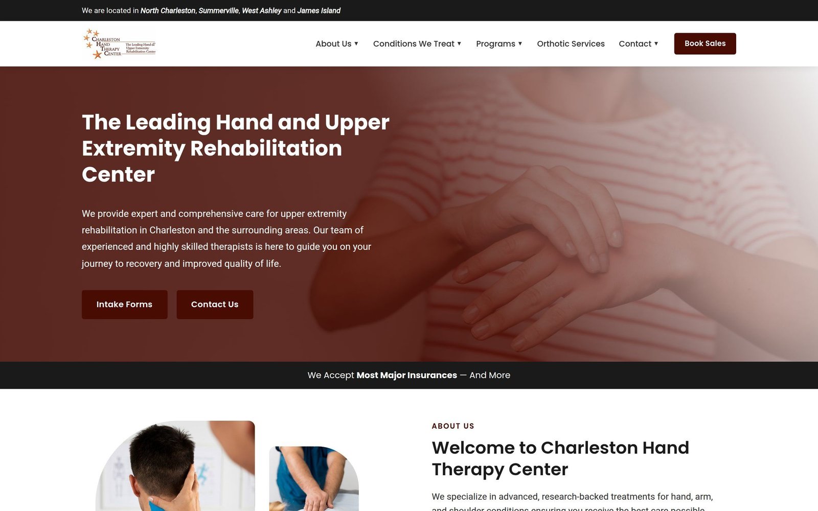 The Charleston Hand Therapy Center homepage, introducing the leading hand and upper extremity rehabilitation center.