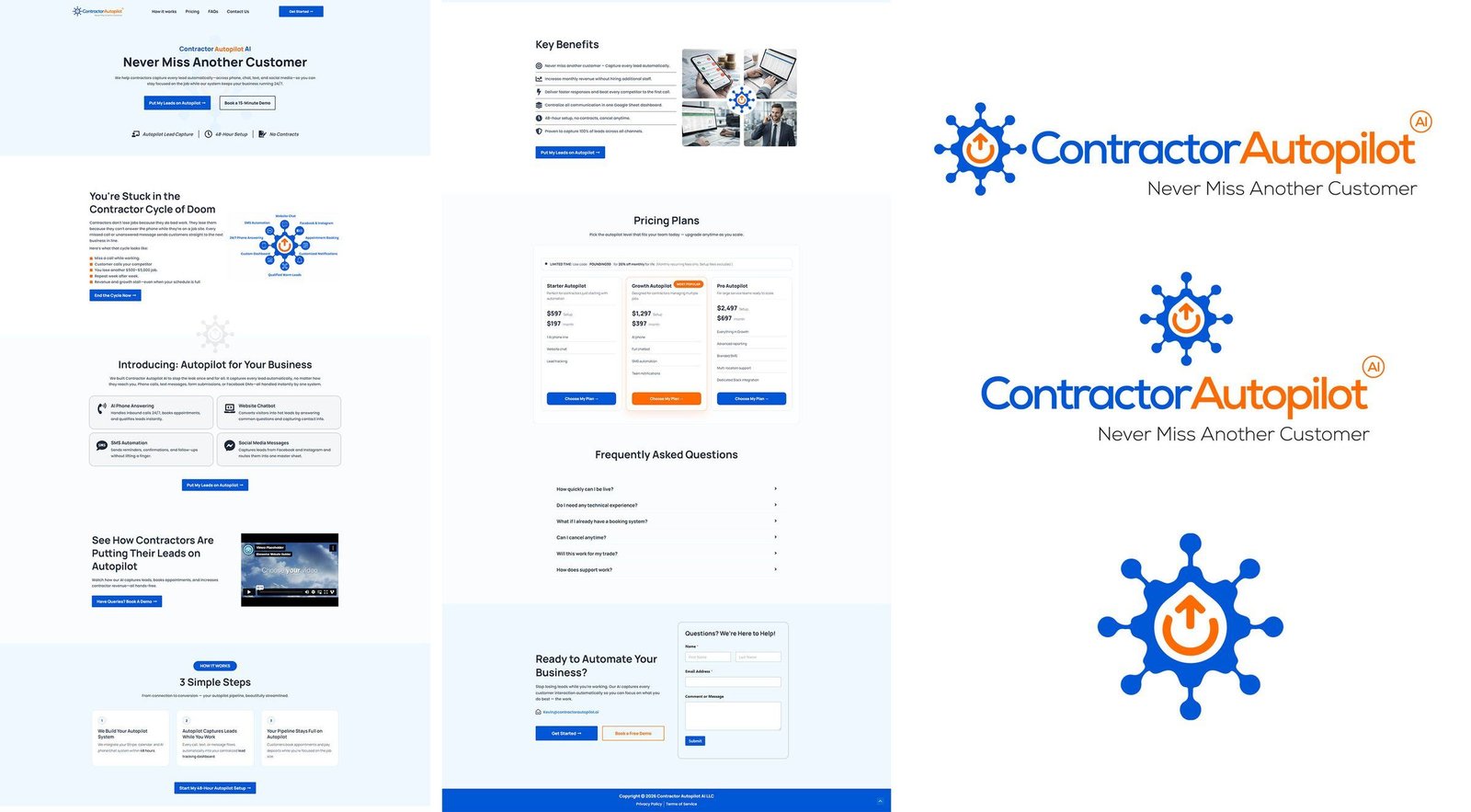 Contractor Autopilot AI brand work, showing the sales landing page and logo variations designed by MarQira.