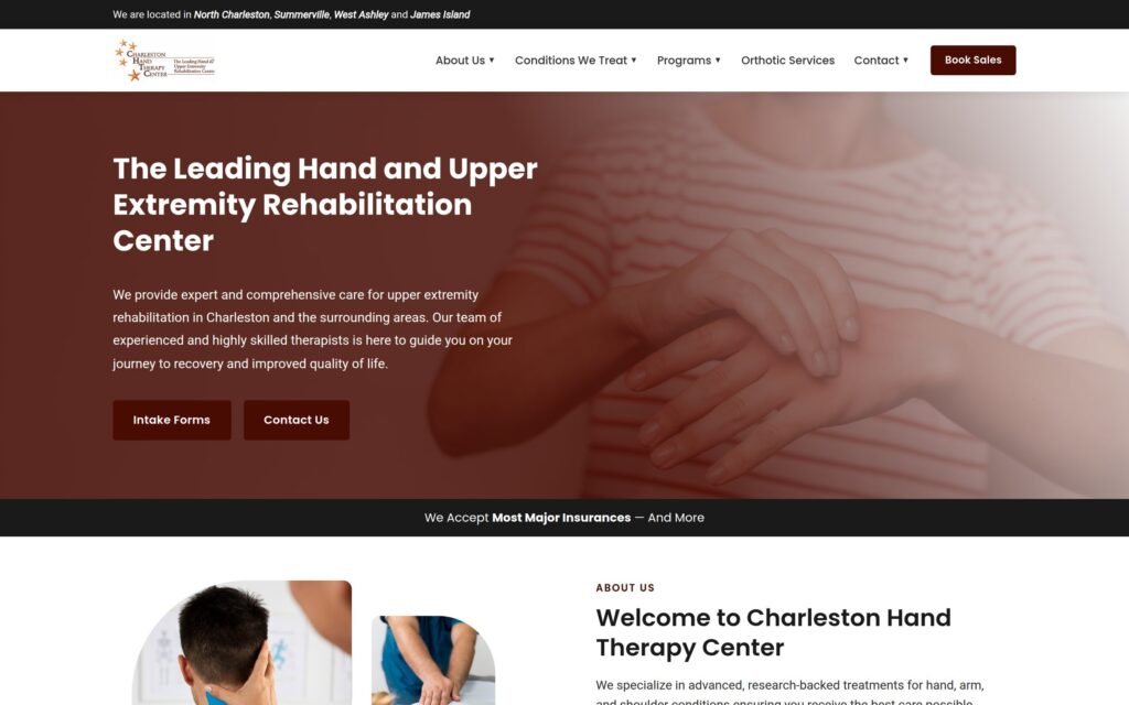 The Charleston Hand Therapy Center homepage, introducing the leading hand and upper extremity rehabilitation center.