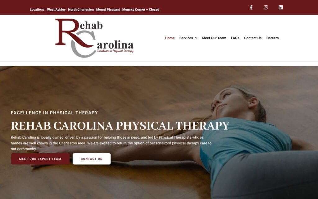 The Rehab Carolina homepage, with a physical therapy hero image and links to its Charleston-area locations.