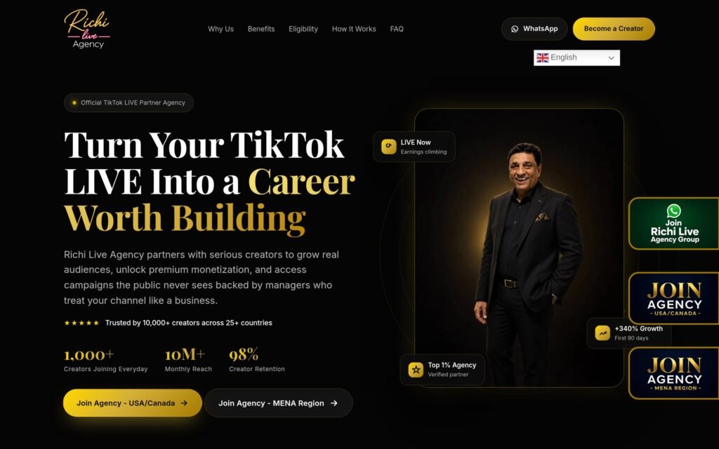 The Richi Live Agency homepage with the headline “Turn your TikTok LIVE into a career worth building.”